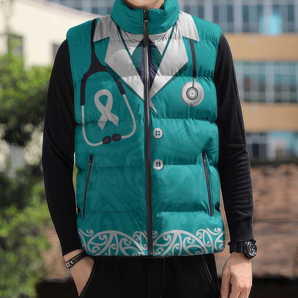 New Zealand Nurses Week Sleeveless Puffer Jacket Maori Kowhaiwhai Cyan Tribal LT9 - Polynesian Pride