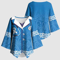 New Zealand Nurses Week Kimono Sleeve Blouse Maori Kowhaiwhai Blue Tribal LT9 - Polynesian Pride
