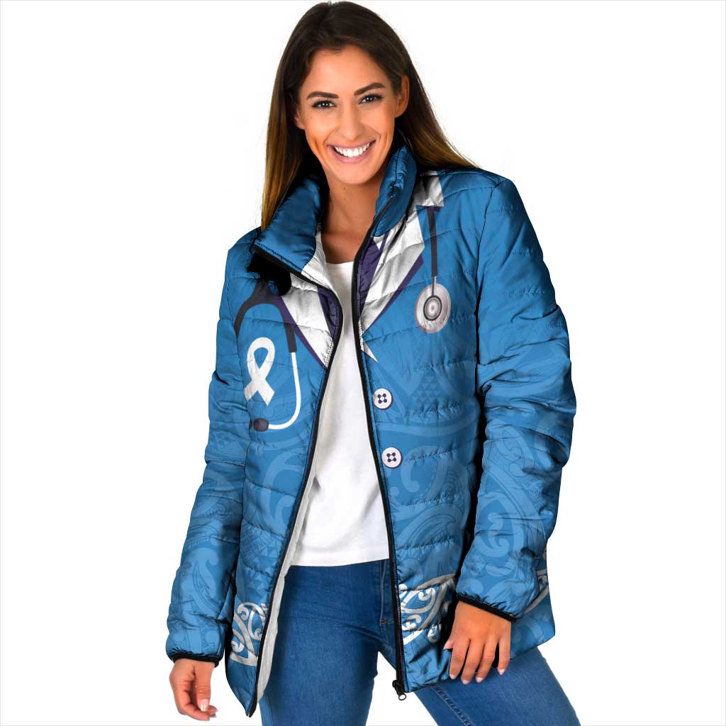 New Zealand Nurses Week Padded Jacket Maori Kowhaiwhai Blue Tribal