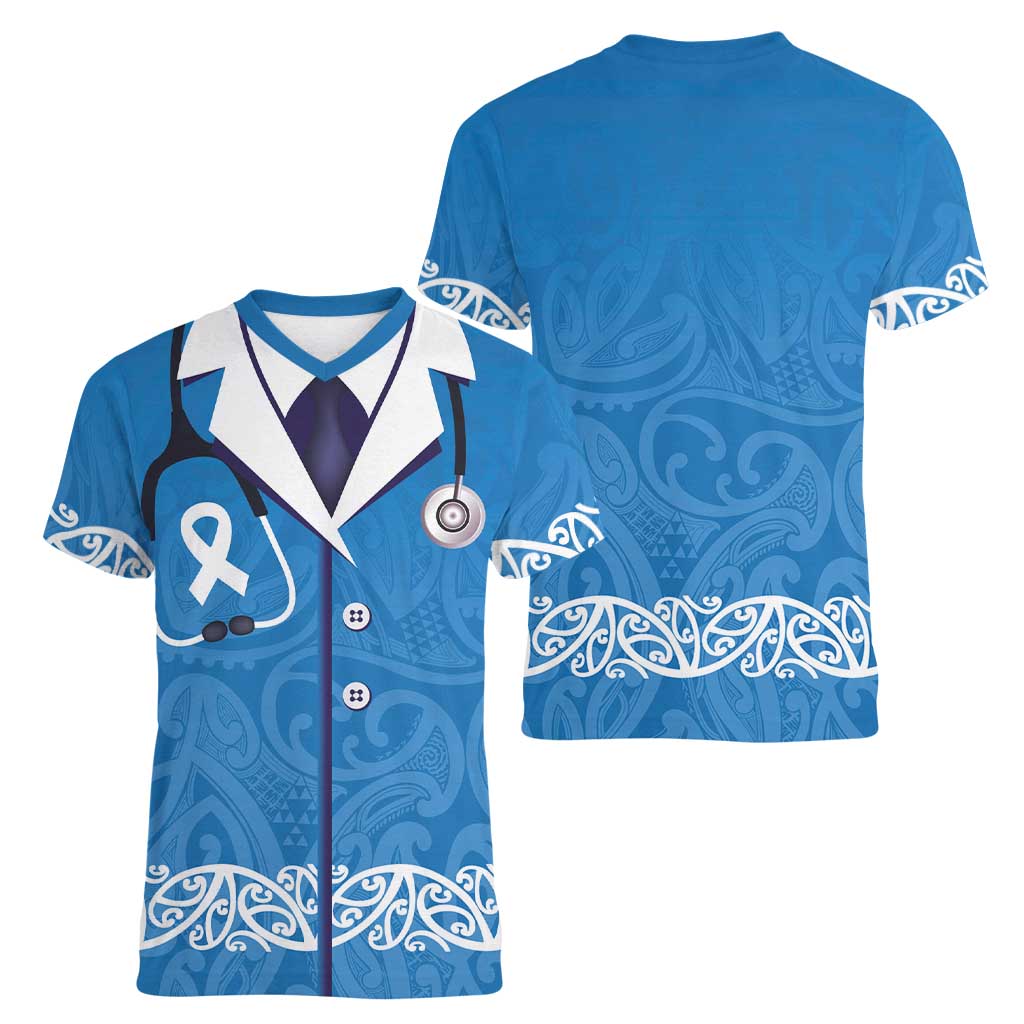 New Zealand Nurses Week Women V-Neck T-Shirt Maori Kowhaiwhai Blue Tribal LT9 - Polynesian Pride