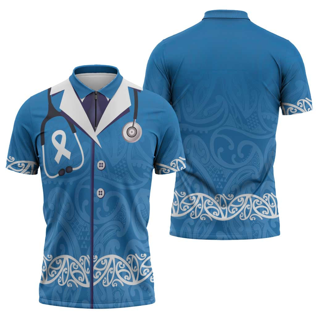New Zealand Nurses Week Zipper Polo Shirt Maori Kowhaiwhai Blue Tribal LT9 - Polynesian Pride