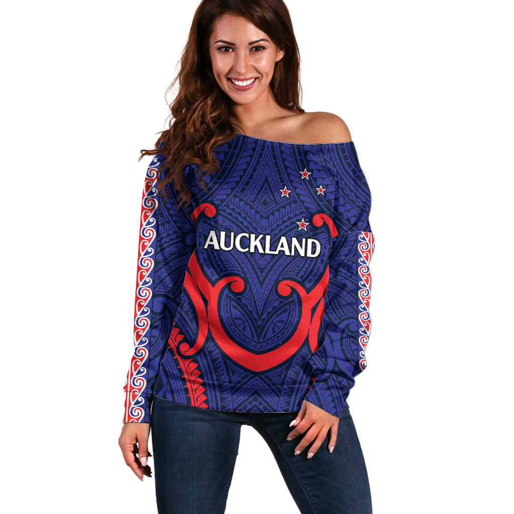 New Zealand Auckland Cricket Off Shoulder Sweater Polynesian with Maori Koru LT9 Women Blue - Polynesian Pride