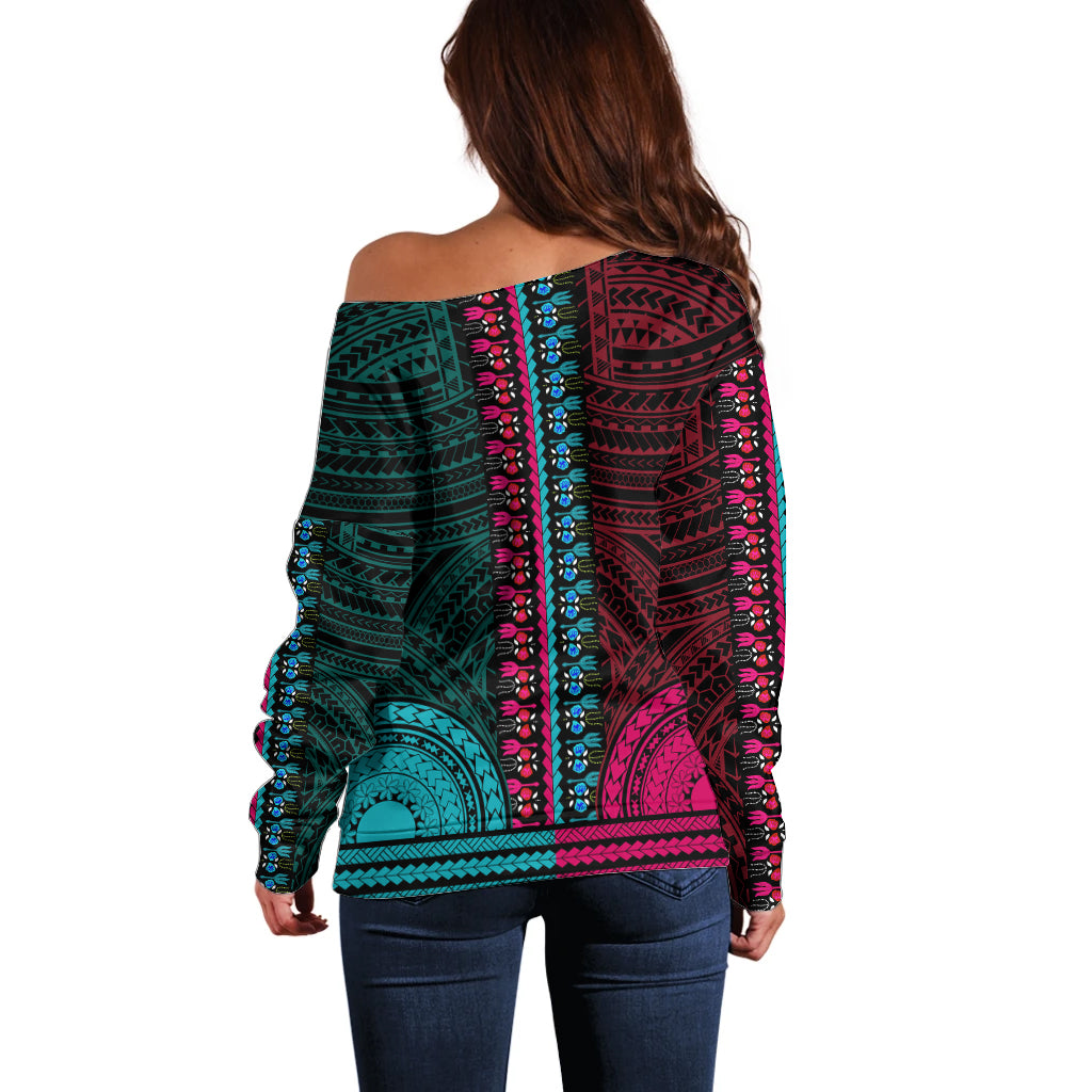 African Dashiki Off Shoulder Sweater With Polynesian Pattern - Half Teal and Pink LT9 - Polynesian Pride