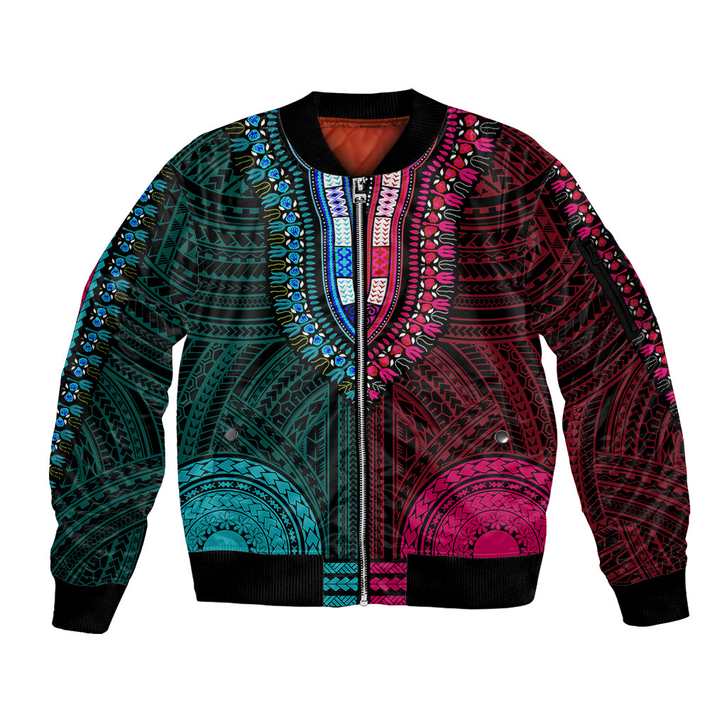African Dashiki Sleeve Zip Bomber Jacket With Polynesian Pattern - Half Teal and Pink LT9 Unisex Teal and Pink - Polynesian Pride
