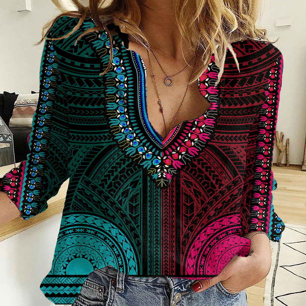 African Dashiki Women Casual Shirt With Polynesian Pattern - Half Teal and Pink LT9 Female Teal and Pink - Polynesian Pride