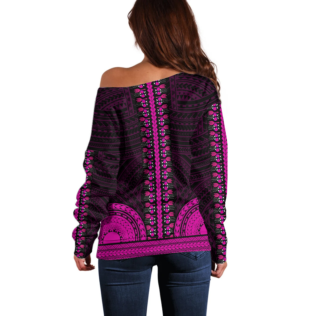 African Dashiki Off Shoulder Sweater With Polynesian Pattern - Pink LT9 - Polynesian Pride