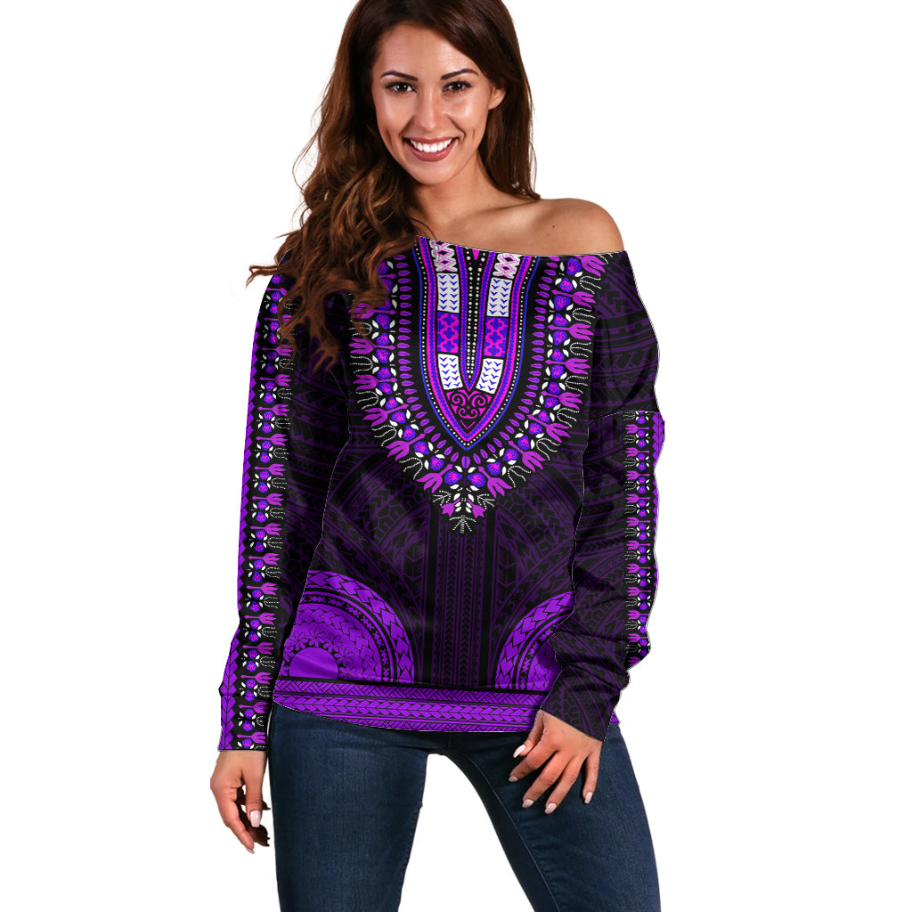 African Dashiki Off Shoulder Sweater With Polynesian Pattern - Purple LT9 Women Purple - Polynesian Pride