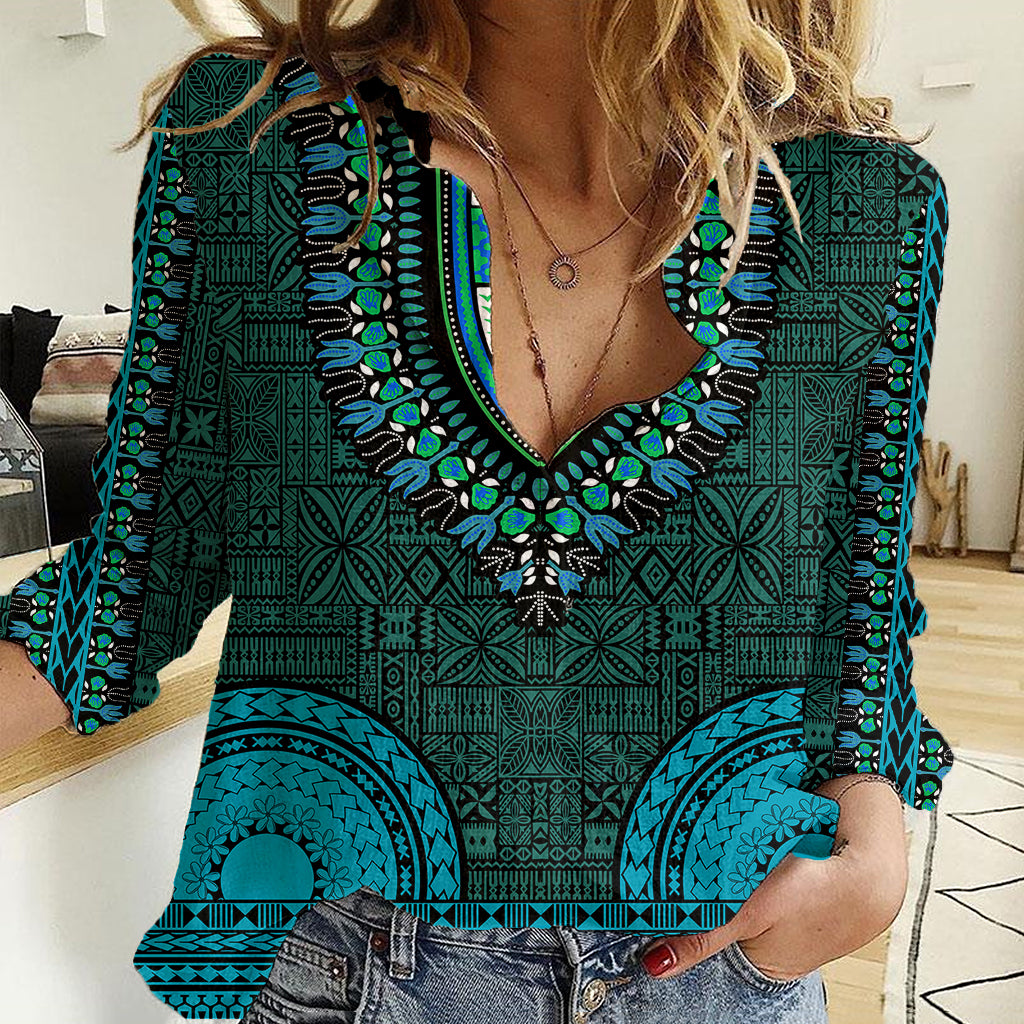 African Dashiki Women Casual Shirt With Tapa Pattern - Teal LT9 Female Teal - Polynesian Pride