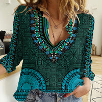 African Dashiki Women Casual Shirt With Tapa Pattern - Teal LT9 Female Teal - Polynesian Pride