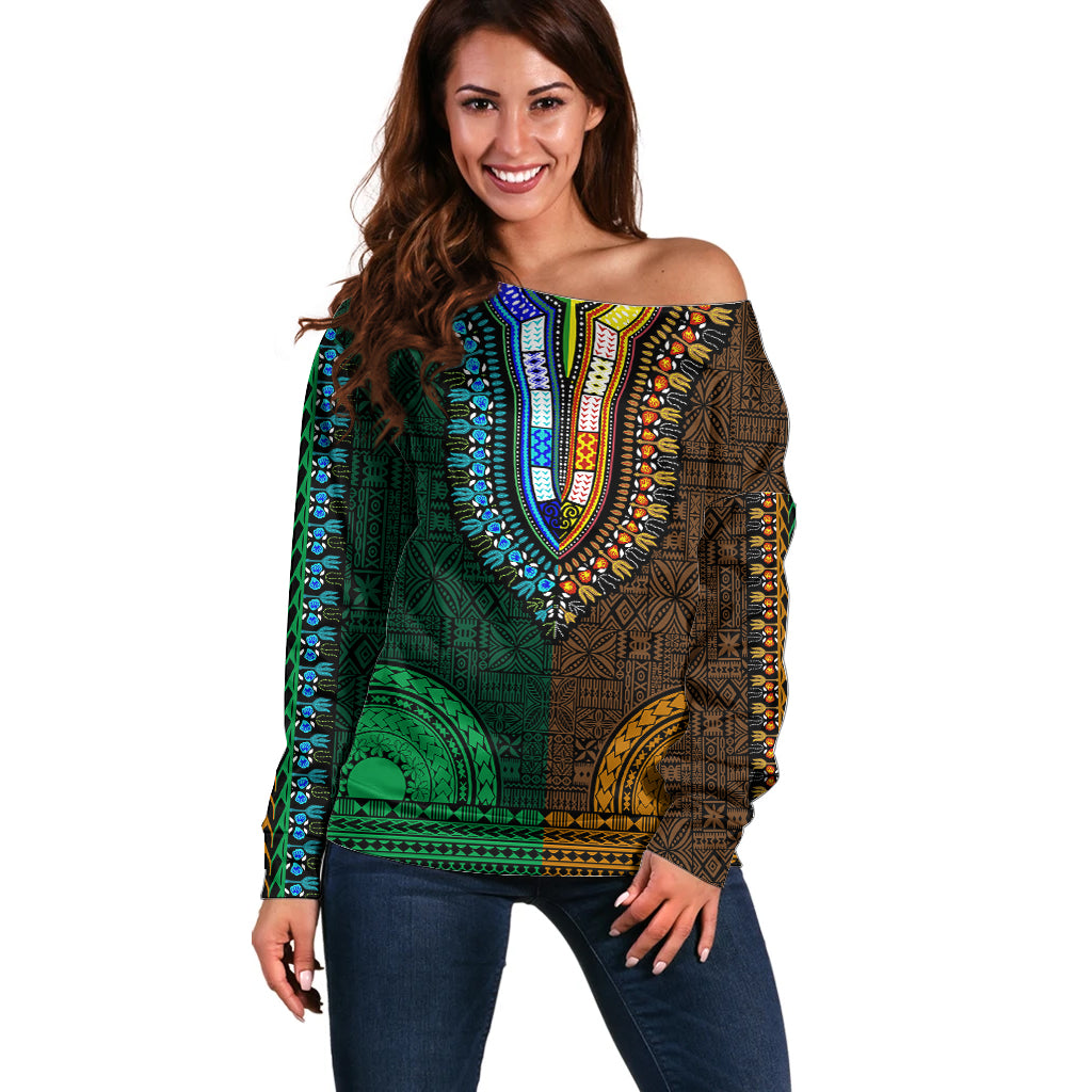African Dashiki Off Shoulder Sweater With Tapa Pattern - Half Green and Gold LT9 Women Green and Gold - Polynesian Pride