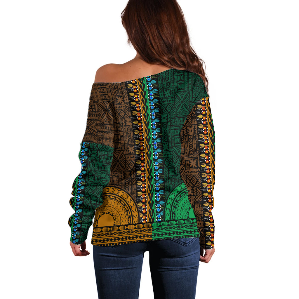 African Dashiki Off Shoulder Sweater With Tapa Pattern - Half Green and Gold LT9 - Polynesian Pride