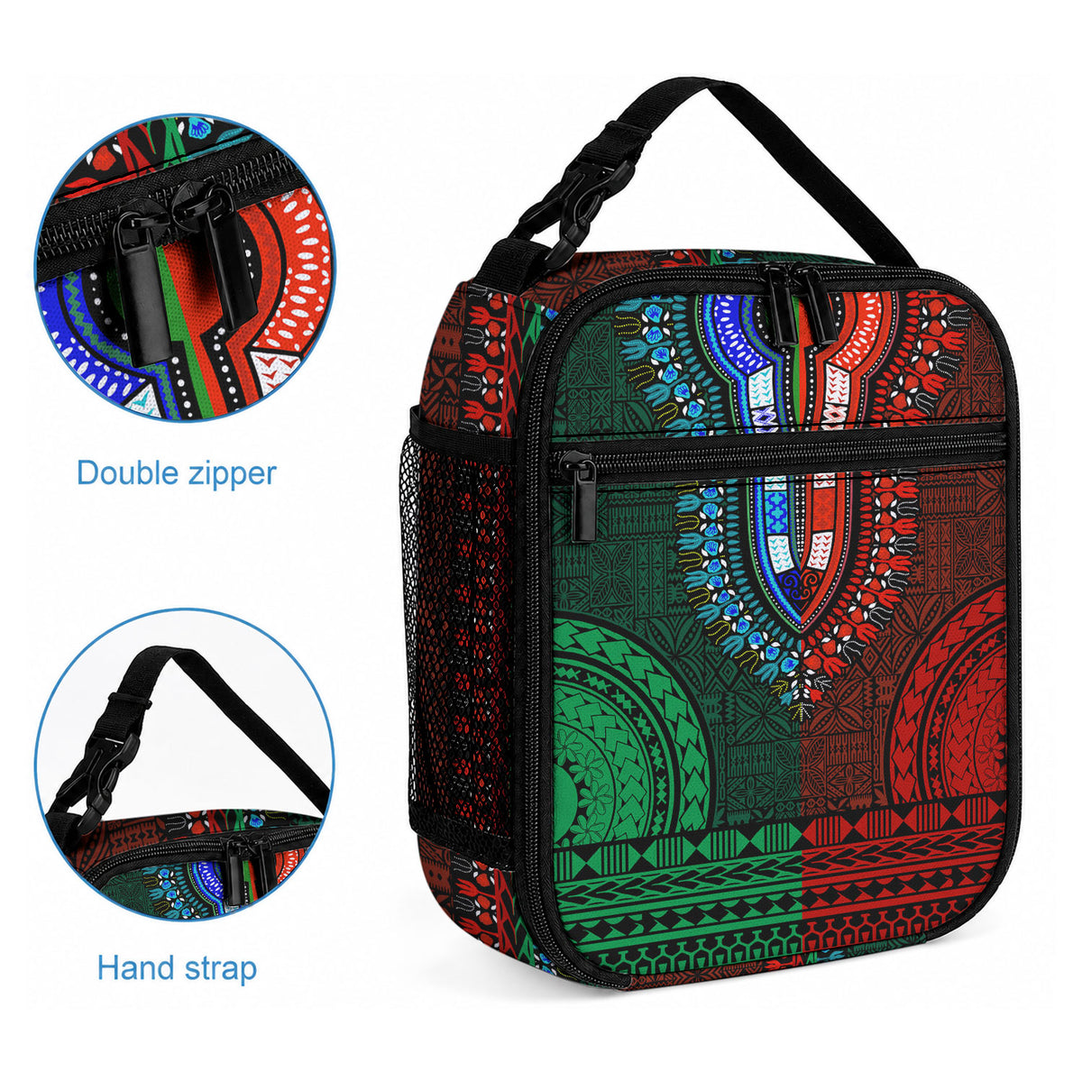 African Dashiki With Tapa Pattern - Green Red Lunch Bag LT9 - Polynesian Pride