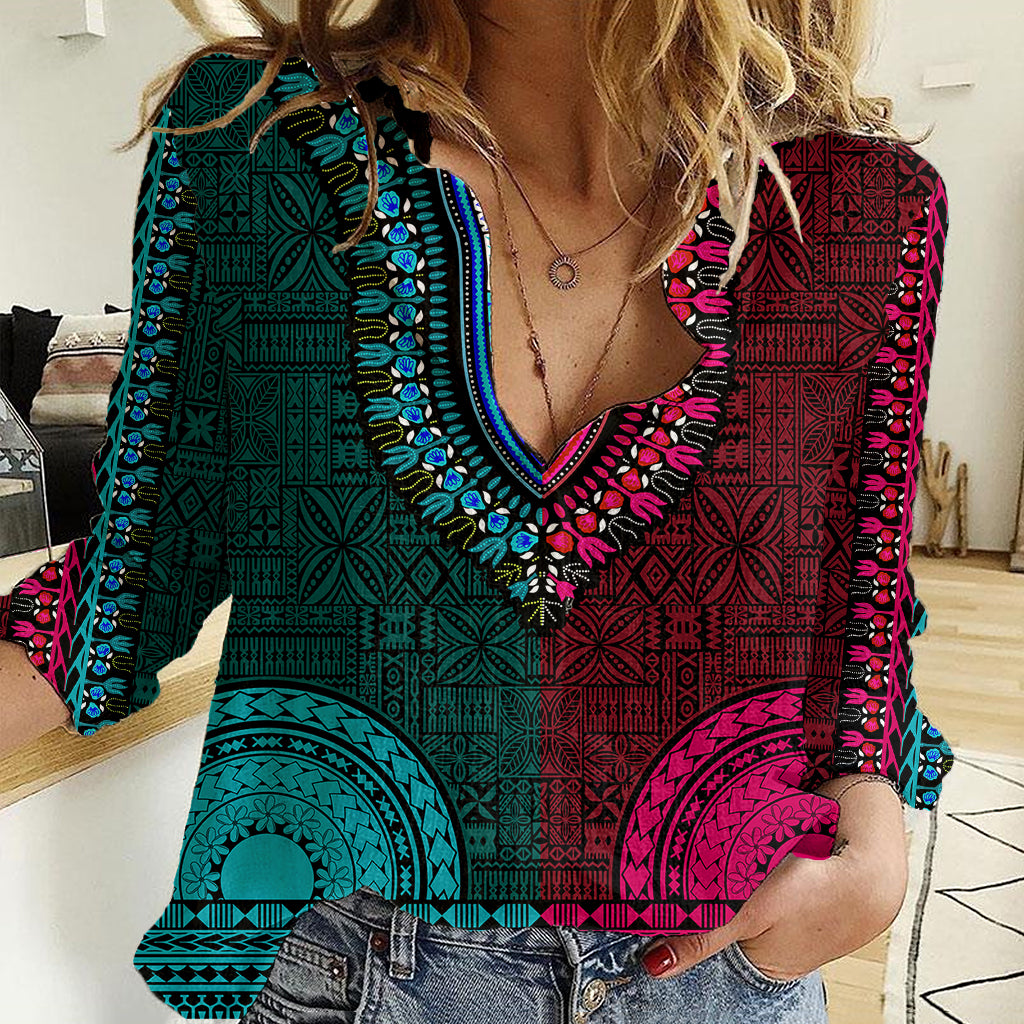 African Dashiki Women Casual Shirt With Tapa Pattern - Half Teal and Pink LT9 Female Teal and Pink - Polynesian Pride