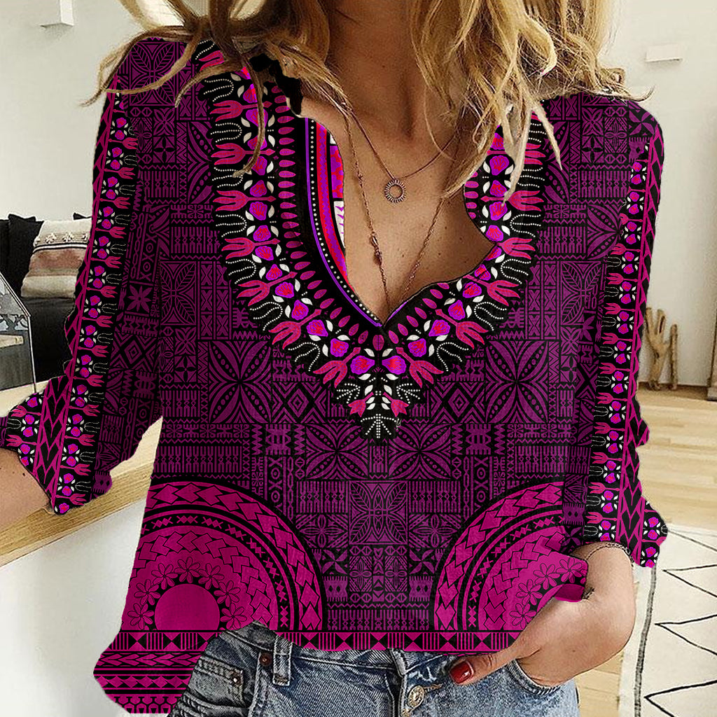 African Dashiki Women Casual Shirt With Tapa Pattern - Pink LT9 Female Pink - Polynesian Pride