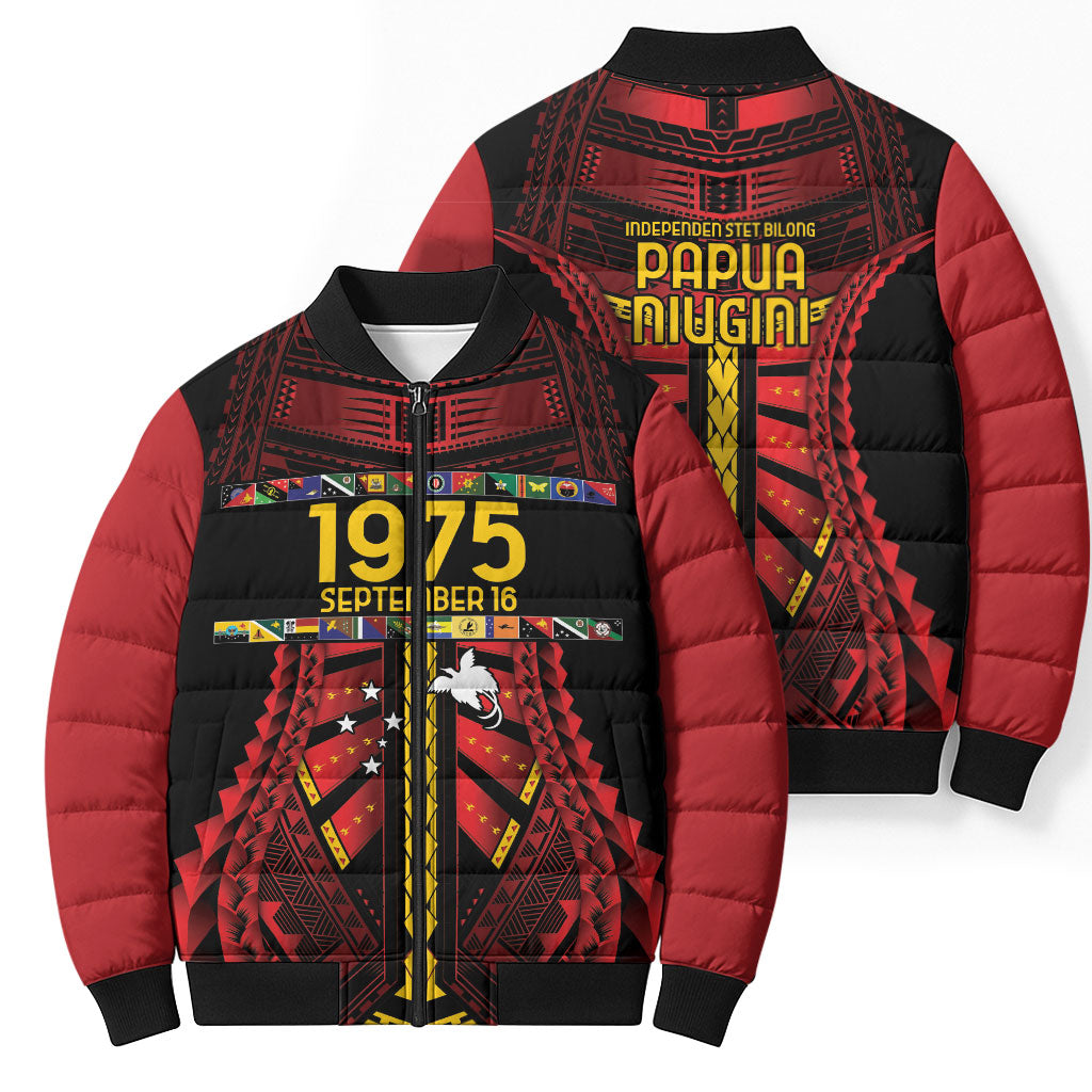 Independen Stet bilong Papua Niugini 1975 Bomber Puffer Jacket Red Tribal Papua New Guinea Province Flag LT9 - Polynesian Pride