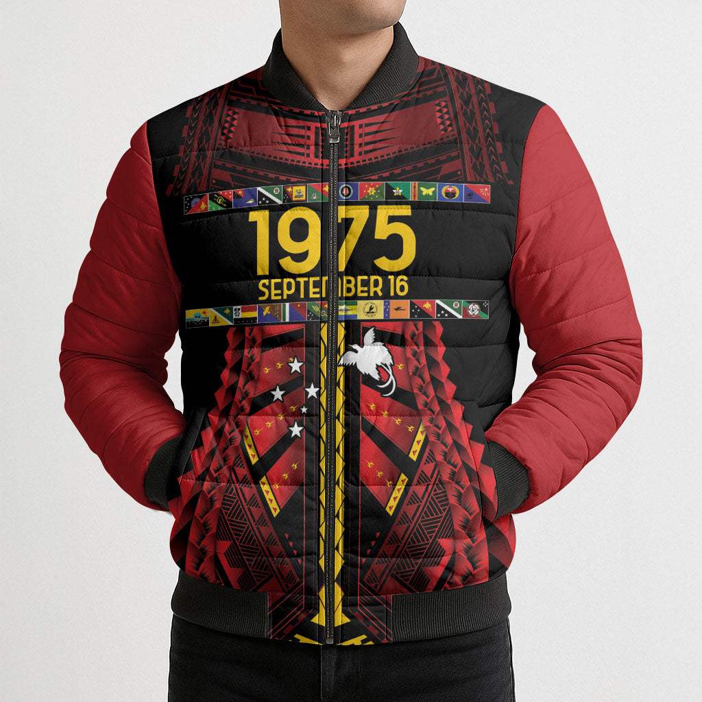 Independen Stet bilong Papua Niugini 1975 Bomber Puffer Jacket Red Tribal Papua New Guinea Province Flag LT9 - Polynesian Pride