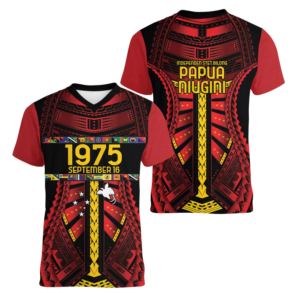 Independen Stet bilong Papua Niugini 1975 Women V-Neck T-Shirt Red Tribal Papua New Guinea Province Flag LT9 - Polynesian Pride