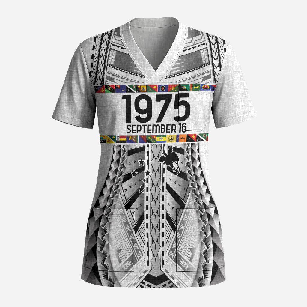 Independen Stet bilong Papua Niugini 1975 Scrub Top White Tribal Papua New Guinea Province Flag LT9 Adult White - Polynesian Pride