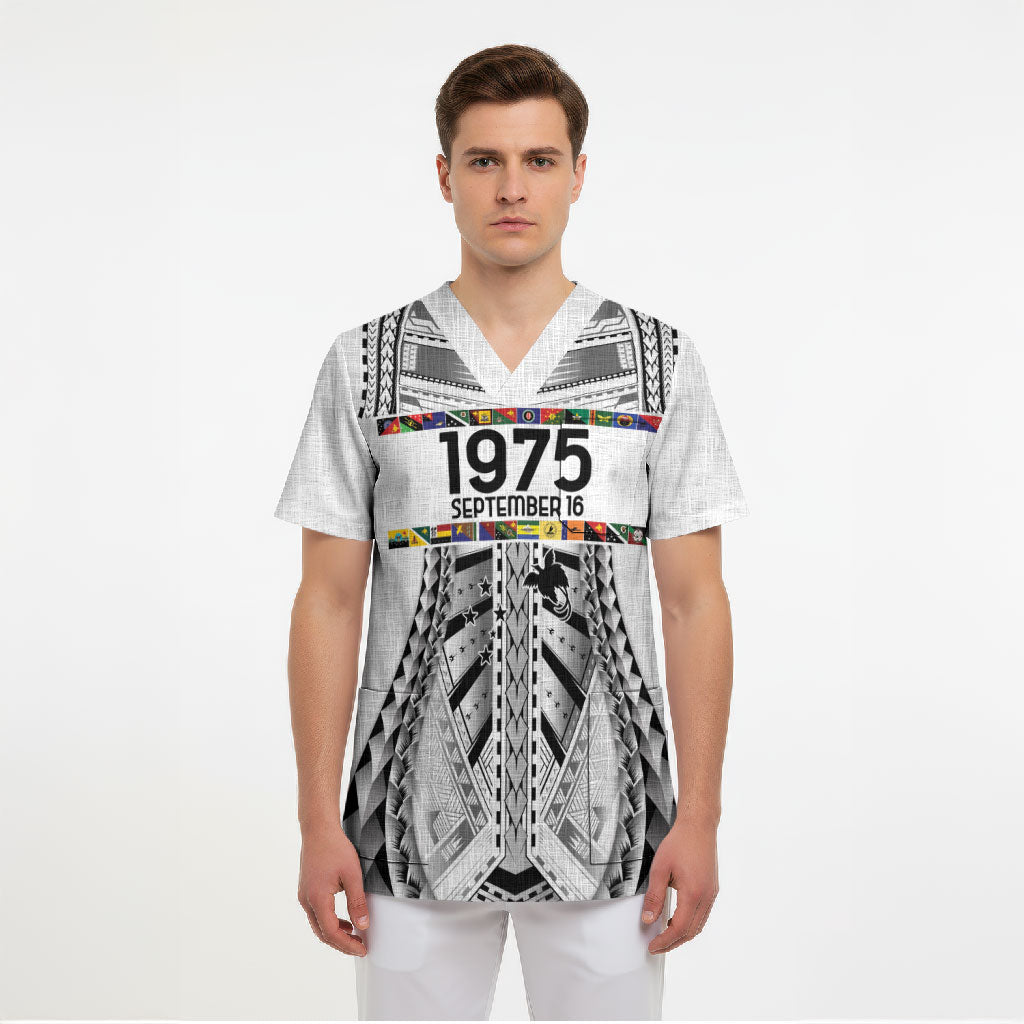 Independen Stet bilong Papua Niugini 1975 Scrub Top White Tribal Papua New Guinea Province Flag LT9 - Polynesian Pride