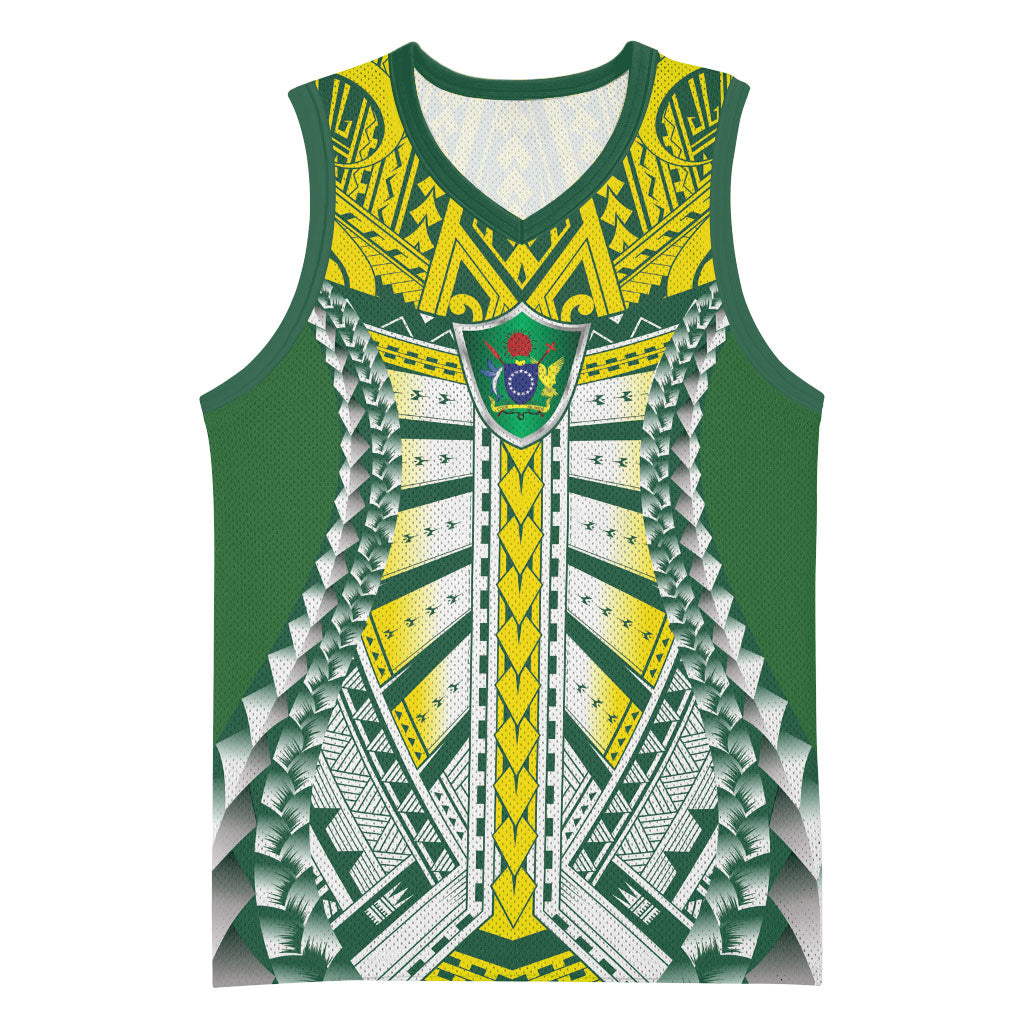 Cook Islands 1965 National Pride Basketball Jersey Green Yellow Tribal Pattern LT9 Unisex Green - Polynesian Pride