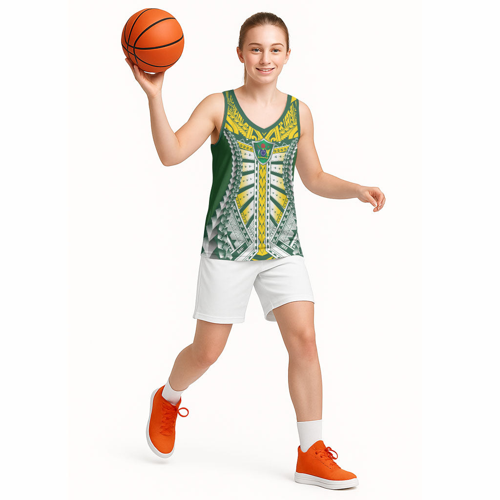 Cook Islands 1965 National Pride Basketball Jersey Green Yellow Tribal Pattern LT9 - Polynesian Pride