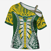 Cook Islands 1965 National Pride Cross Shoulder Shirt Green Yellow Tribal Pattern LT9 Female Green - Polynesian Pride