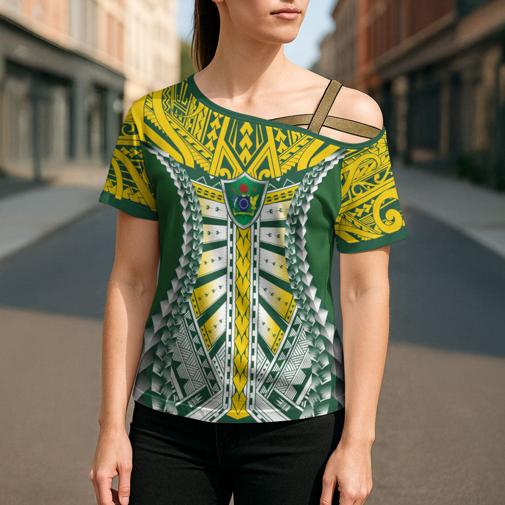 Cook Islands 1965 National Pride Cross Shoulder Shirt Green Yellow Tribal Pattern LT9 - Polynesian Pride