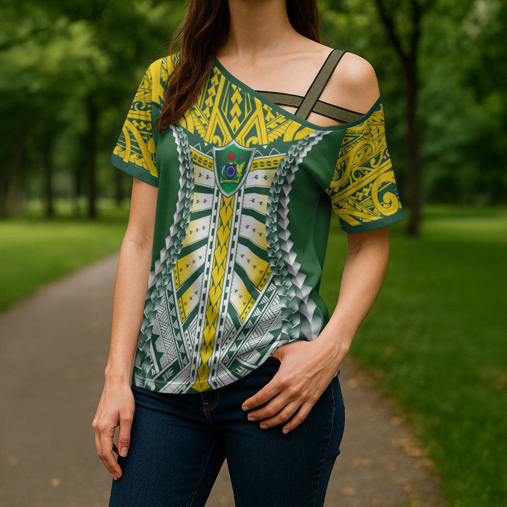 Cook Islands 1965 National Pride Cross Shoulder Shirt Green Yellow Tribal Pattern LT9 - Polynesian Pride