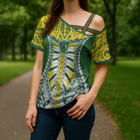 Cook Islands 1965 National Pride Cross Shoulder Shirt Green Yellow Tribal Pattern LT9 - Polynesian Pride