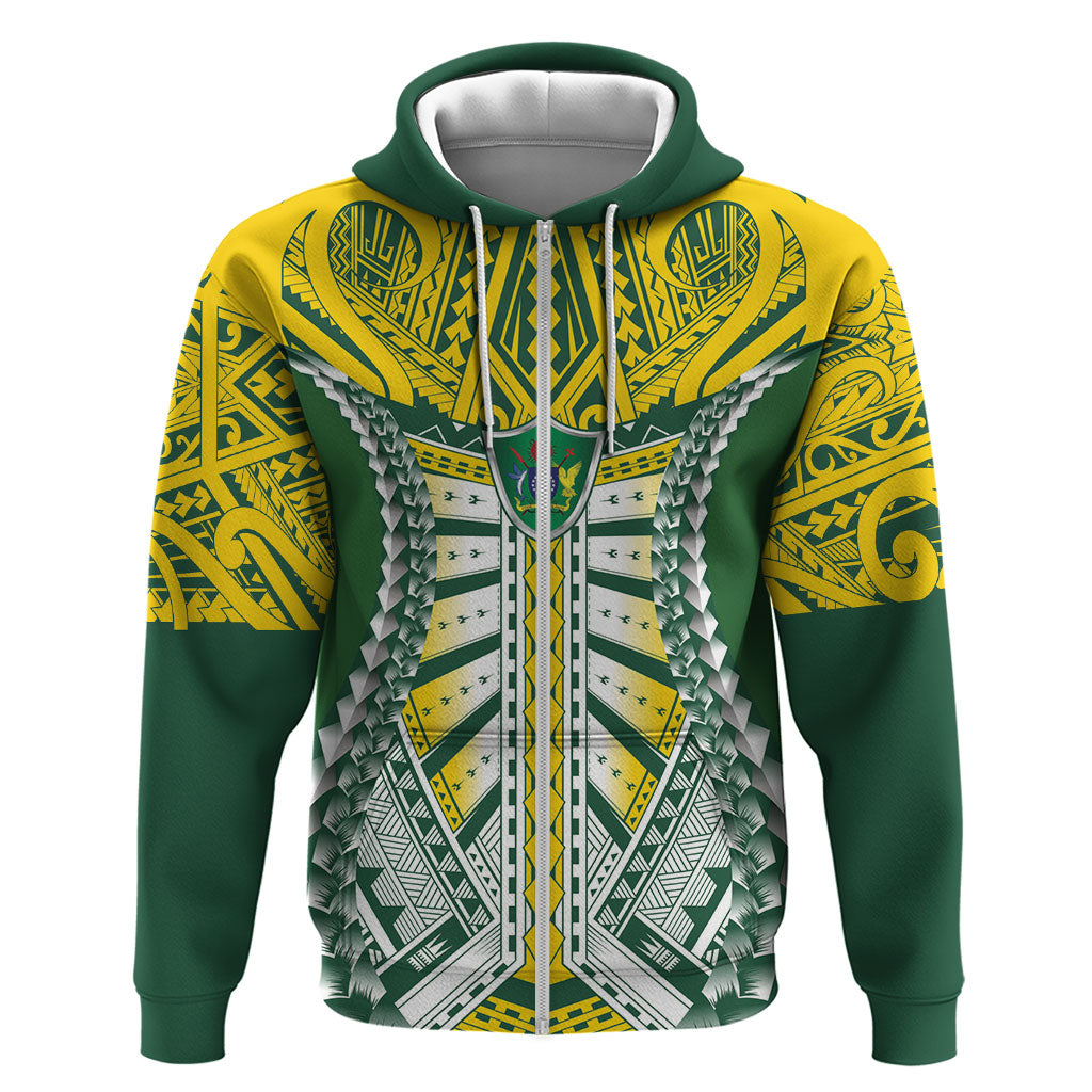 Cook Islands 1965 National Pride Hoodie Green Yellow Tribal Pattern LT9 Zip Hoodie Green - Polynesian Pride