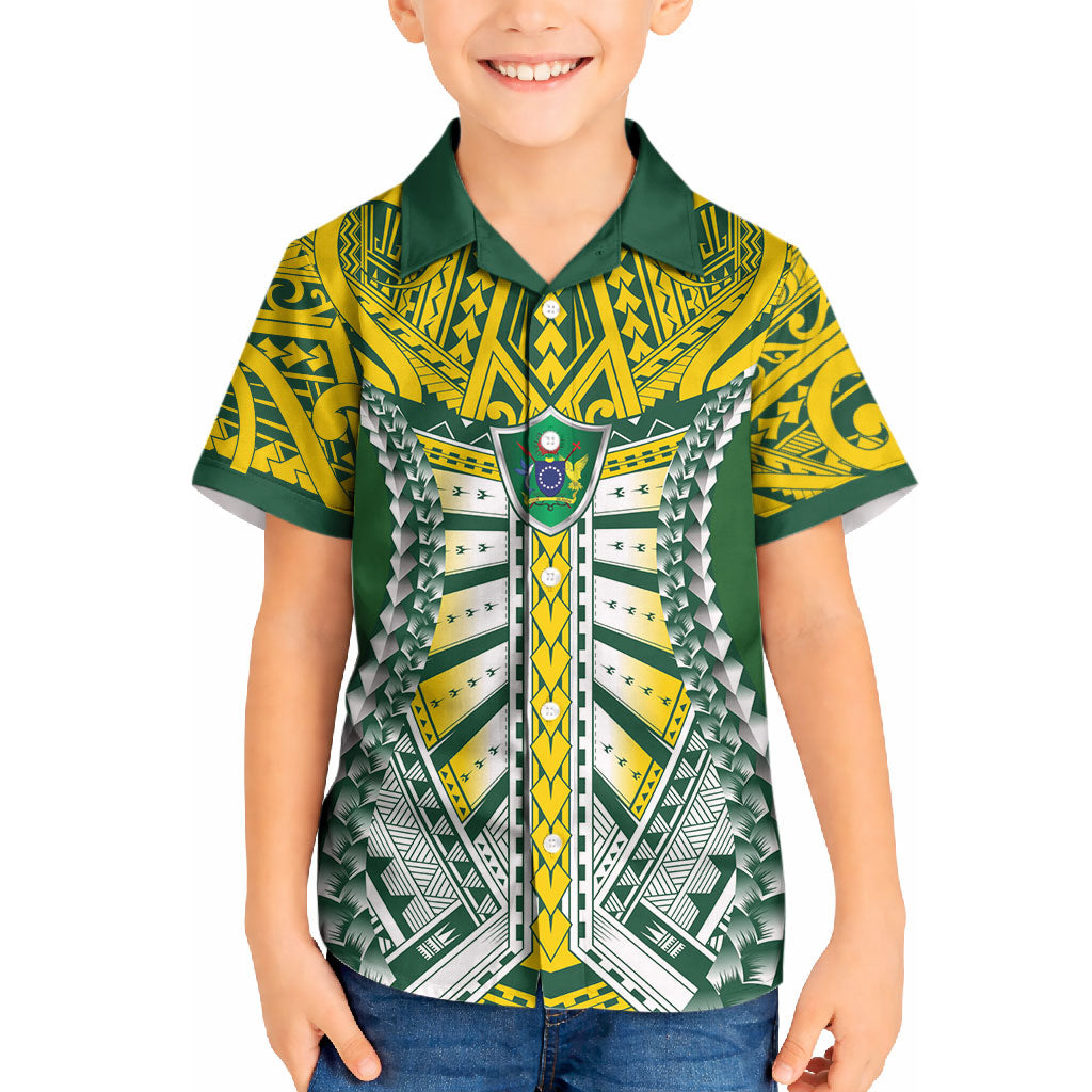 Cook Islands 1965 National Pride Kid Hawaiian Shirt Green Yellow Tribal Pattern LT9 Kid Green - Polynesian Pride