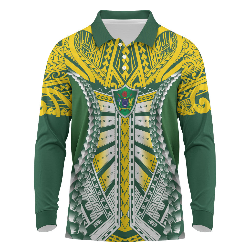 Cook Islands 1965 National Pride Long Sleeve Polo Shirt Green Yellow Tribal Pattern LT9 Green - Polynesian Pride