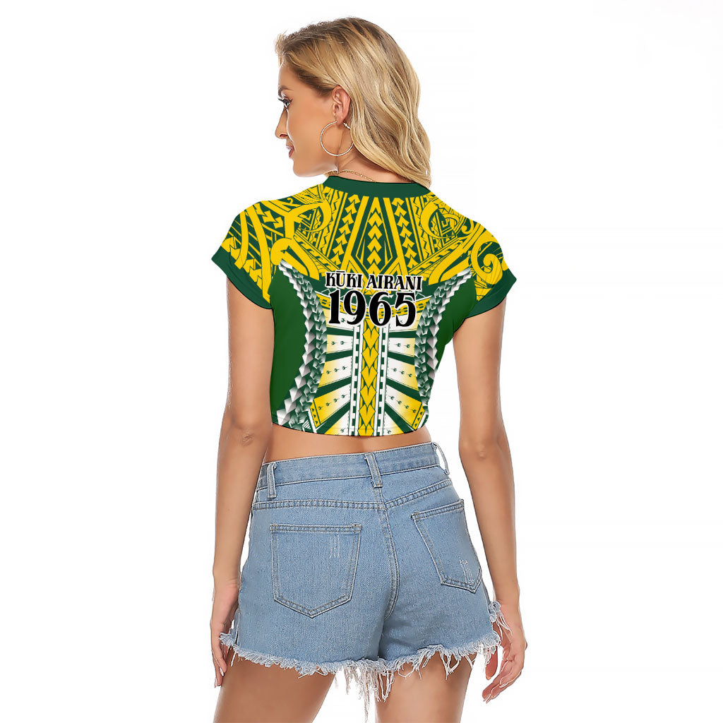 Cook Islands 1965 National Pride Raglan Cropped T Shirt Green Yellow Tribal Pattern LT9 - Polynesian Pride