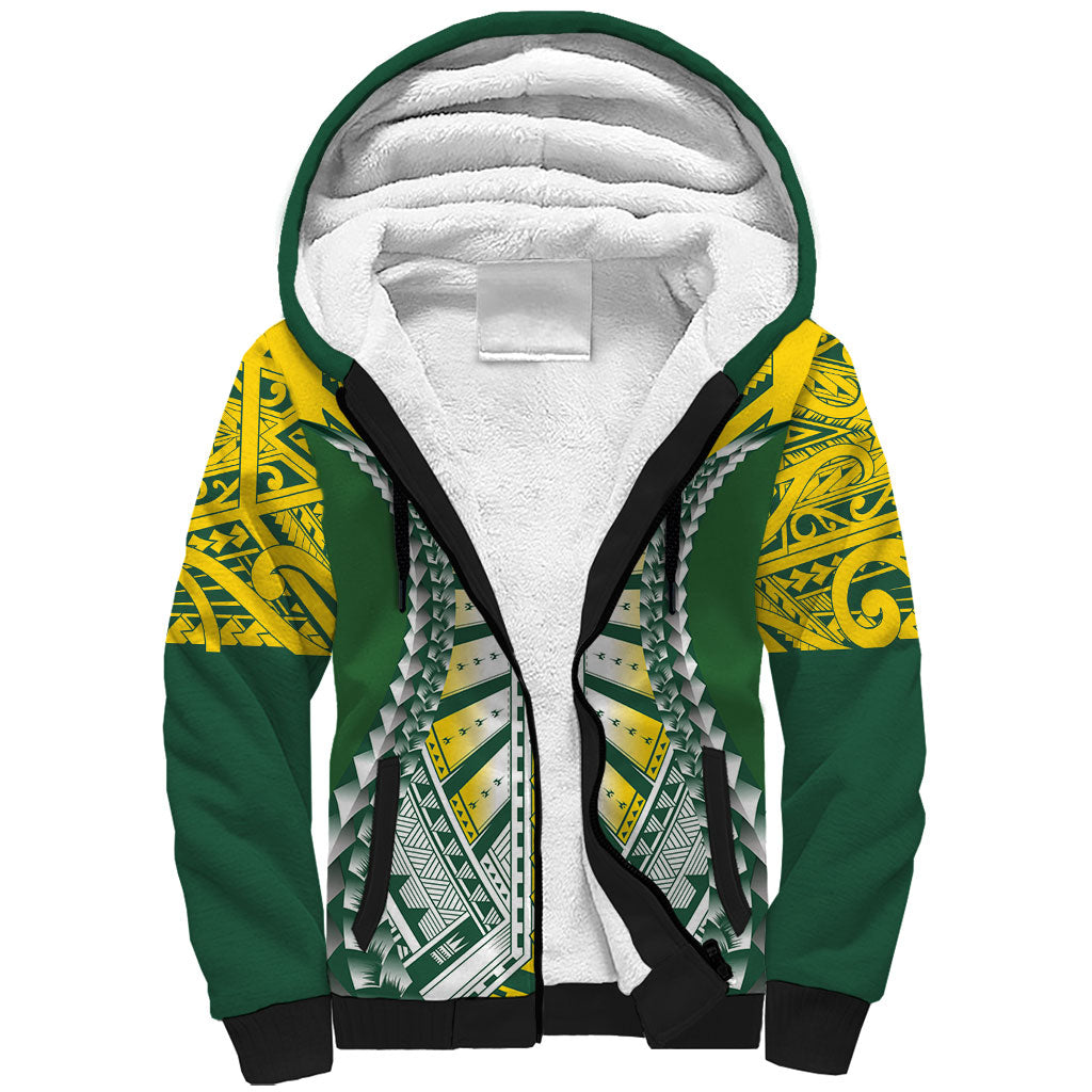 Cook Islands 1965 National Pride Sherpa Hoodie Green Yellow Tribal Pattern LT9 Unisex Green - Polynesian Pride
