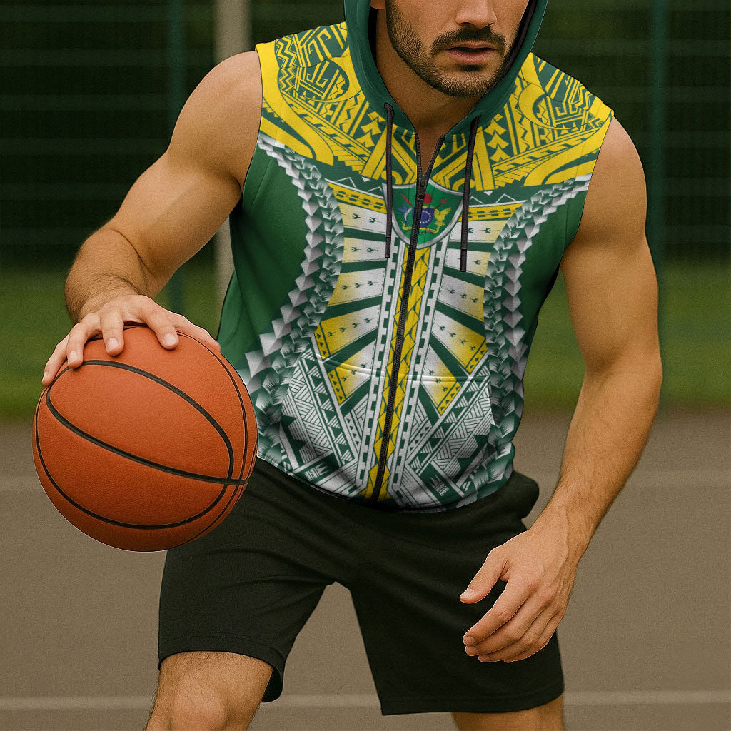 Cook Islands 1965 National Pride Sleeveless Zip Hoodie Green Yellow Tribal Pattern LT9 - Polynesian Pride