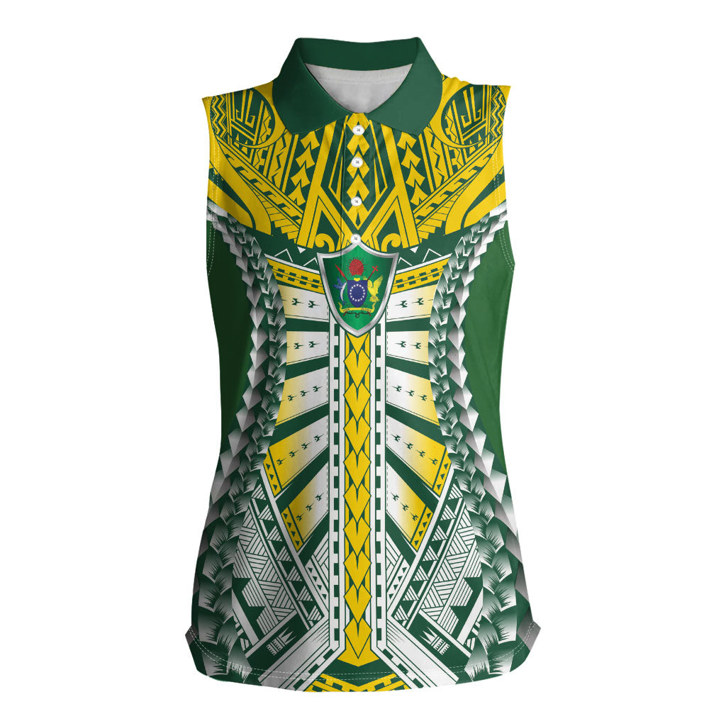 Cook Islands 1965 National Pride Women Sleeveless Polo Shirt Green Yellow Tribal Pattern LT9 Female Green - Polynesian Pride