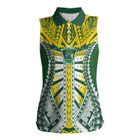 Cook Islands 1965 National Pride Women Sleeveless Polo Shirt Green Yellow Tribal Pattern LT9 Female Green - Polynesian Pride
