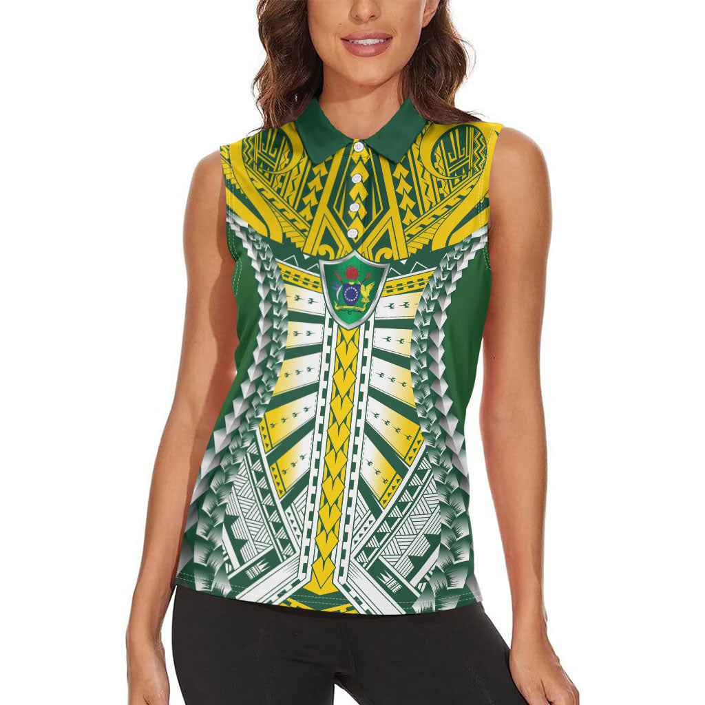 Cook Islands 1965 National Pride Women Sleeveless Polo Shirt Green Yellow Tribal Pattern LT9 - Polynesian Pride