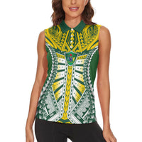 Cook Islands 1965 National Pride Women Sleeveless Polo Shirt Green Yellow Tribal Pattern LT9 - Polynesian Pride