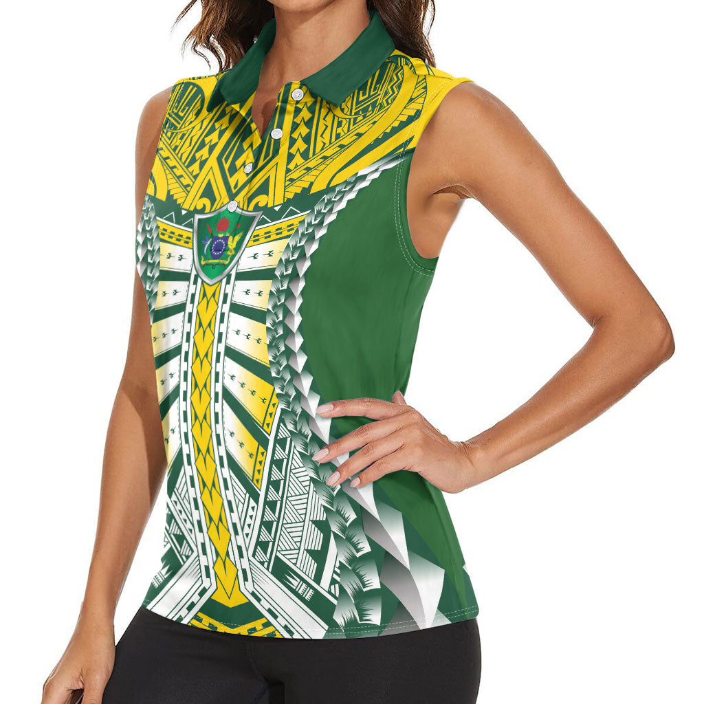 Cook Islands 1965 National Pride Women Sleeveless Polo Shirt Green Yellow Tribal Pattern LT9 - Polynesian Pride