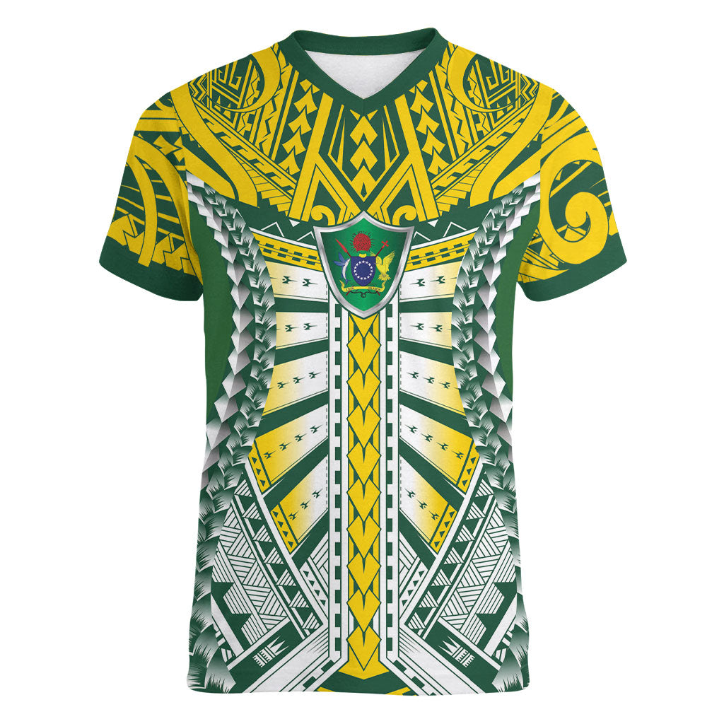 Cook Islands 1965 National Pride Women V-Neck T-Shirt Green Yellow Tribal Pattern LT9 Female Green - Polynesian Pride