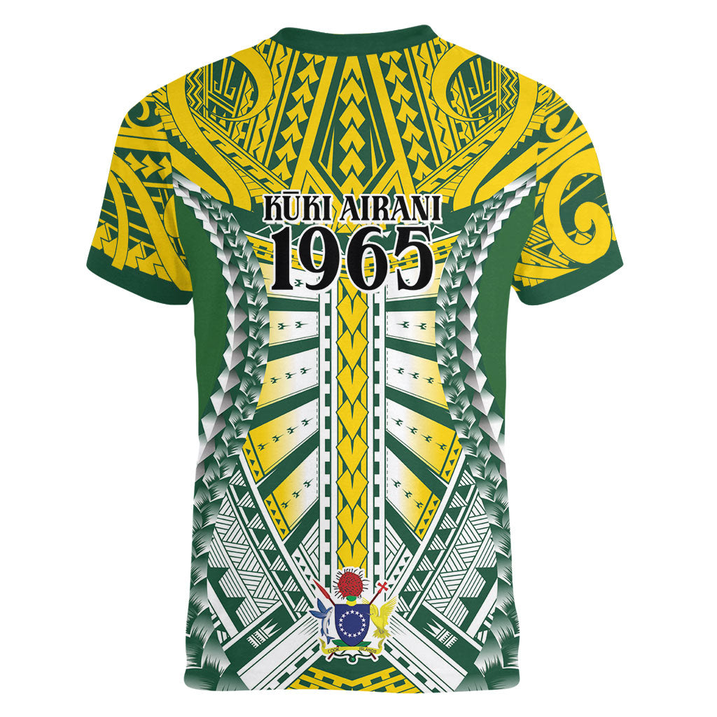 Cook Islands 1965 National Pride Women V-Neck T-Shirt Green Yellow Tribal Pattern LT9 - Polynesian Pride