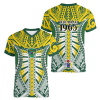 Cook Islands 1965 National Pride Women V-Neck T-Shirt Green Yellow Tribal Pattern LT9 - Polynesian Pride