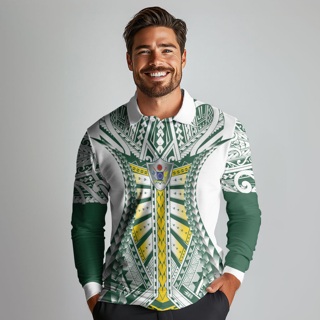 Cook Islands 1965 National Pride Long Sleeve Polo Shirt White Tribal Pattern LT9 - Polynesian Pride