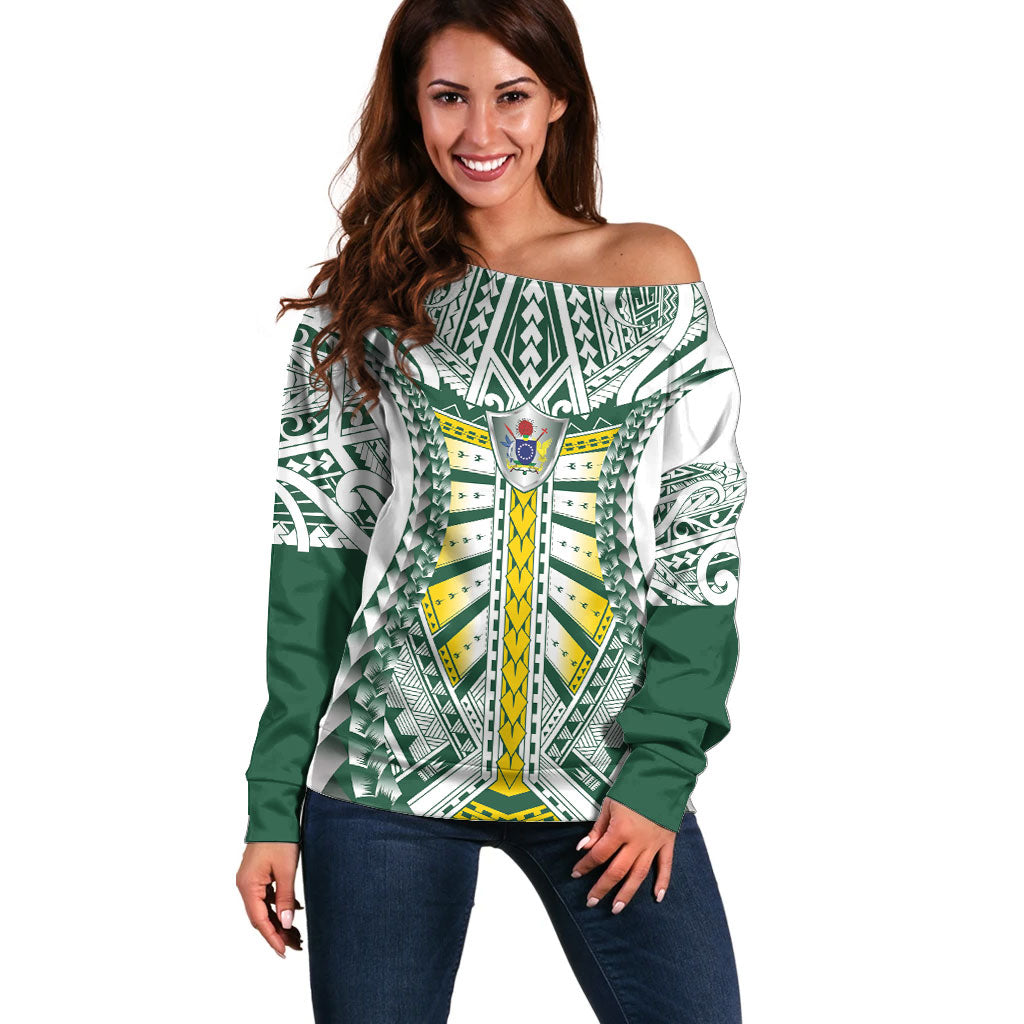 Cook Islands 1965 National Pride Off Shoulder Sweater White Tribal Pattern LT9 Women White - Polynesian Pride