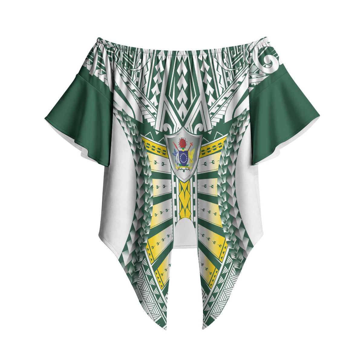 Cook Islands 1965 National Pride Off Shoulder Wrap Waist Top White Tribal Pattern LT9 - Polynesian Pride