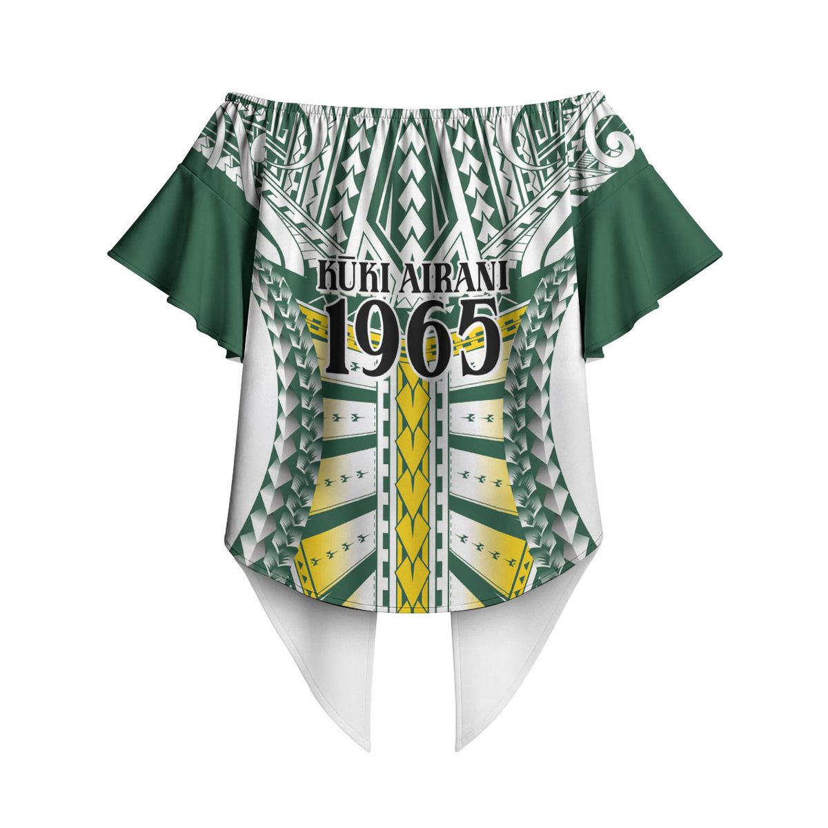 Cook Islands 1965 National Pride Off Shoulder Wrap Waist Top White Tribal Pattern LT9 - Polynesian Pride