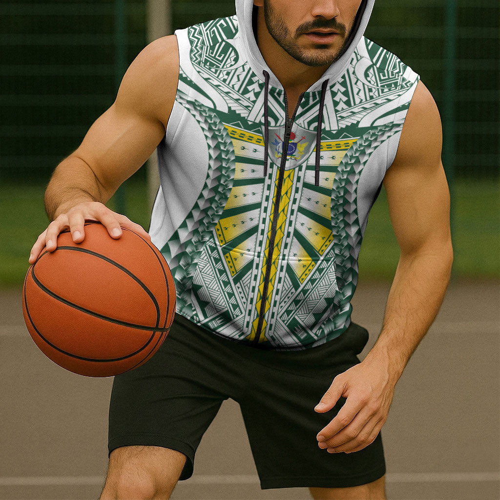 Cook Islands 1965 National Pride Sleeveless Zip Hoodie White Tribal Pattern LT9 - Polynesian Pride