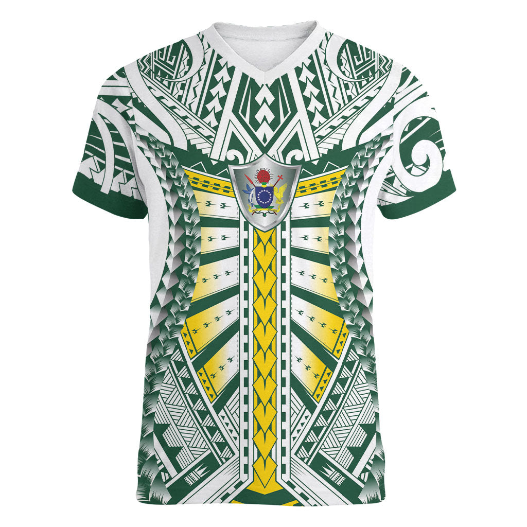 Cook Islands 1965 National Pride Women V-Neck T-Shirt White Tribal Pattern LT9 Female White - Polynesian Pride