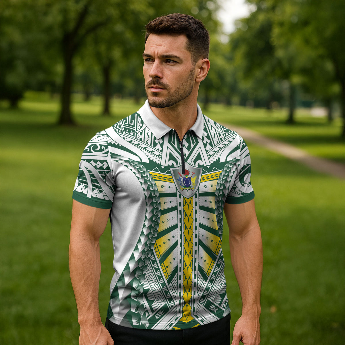 Cook Islands 1965 National Pride Zipper Polo Shirt White Tribal Pattern LT9 - Polynesian Pride